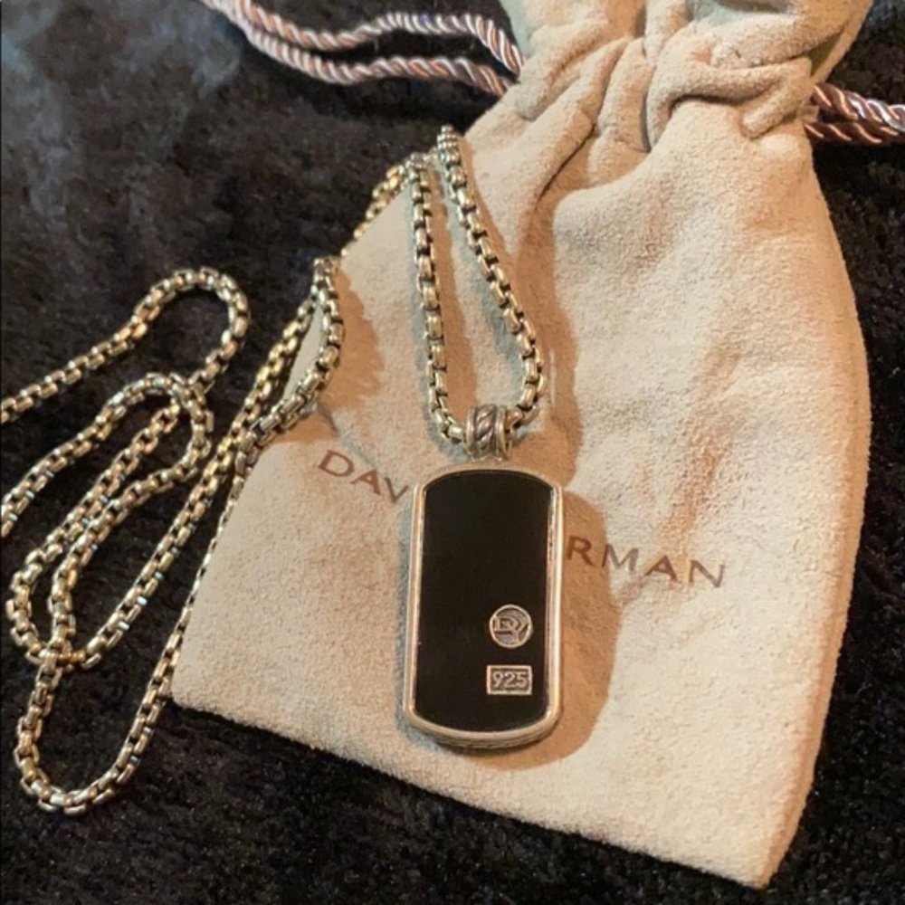 David Yurman Sterling 20" Necklace w/ Onyx Dog Tag